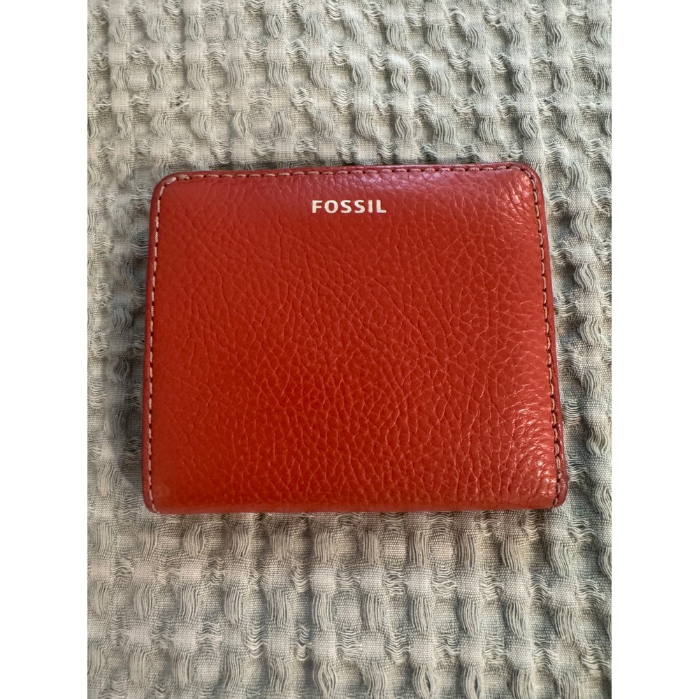 Fossil Bifold Leather Wallet Burnt Orange Compact Zip Coin Pocket ID Window.